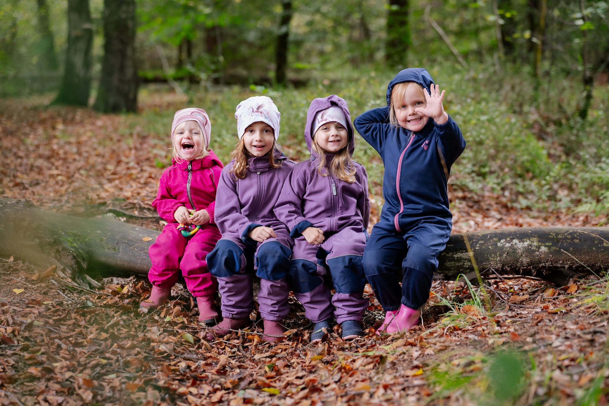 4 Kinder sitzen auf einem umgefallenen Baum